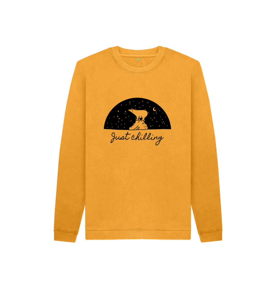 Yellow sweatshirt with "Just Chilling" text and bear graphic
