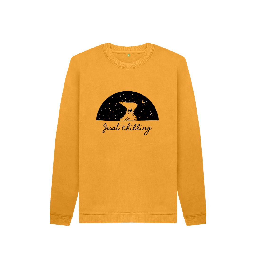 Mustard yellow sweatshirt with "Just Chilling" text and bear graphic