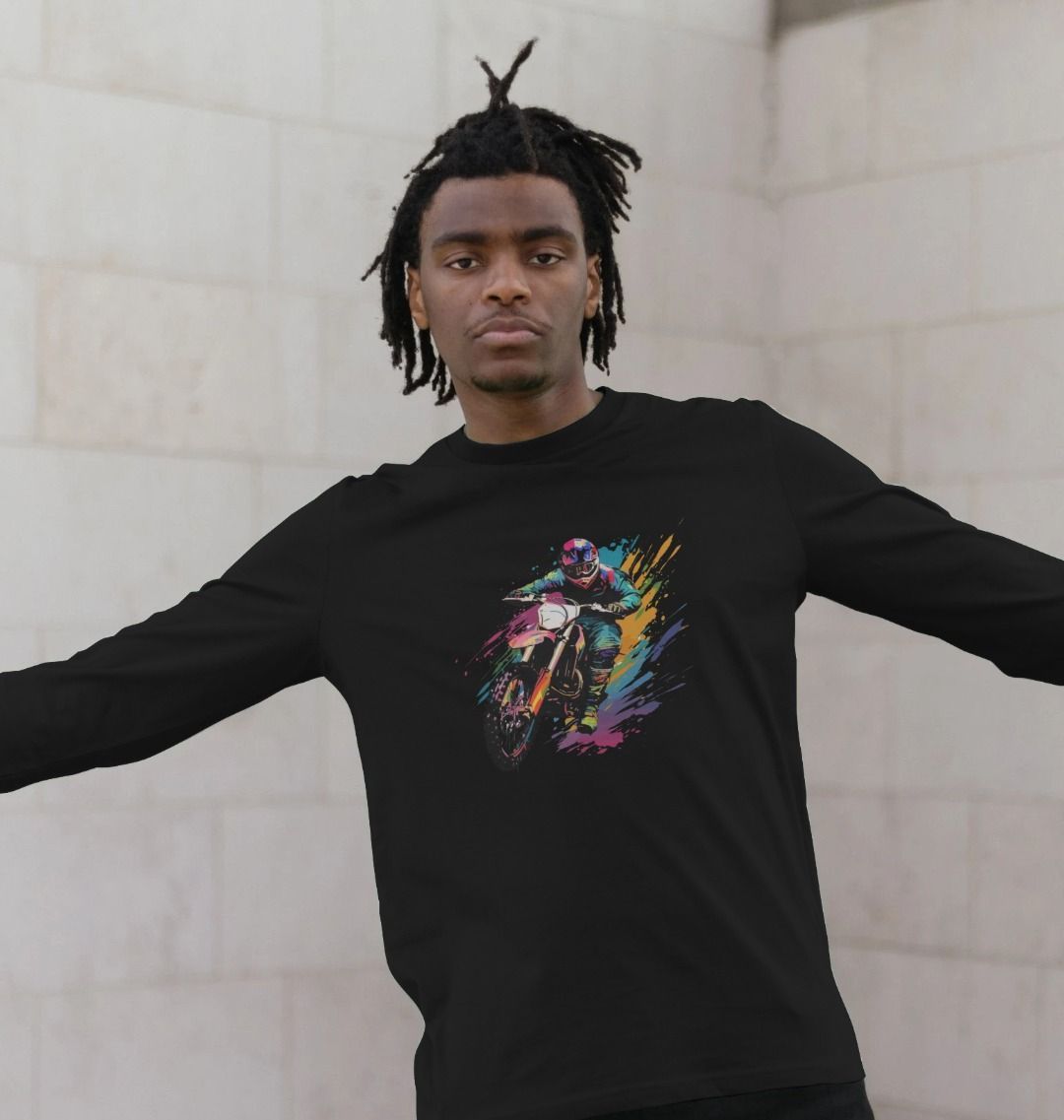 Black long-sleeve t-shirt with colorful motorcycle graphic (person)