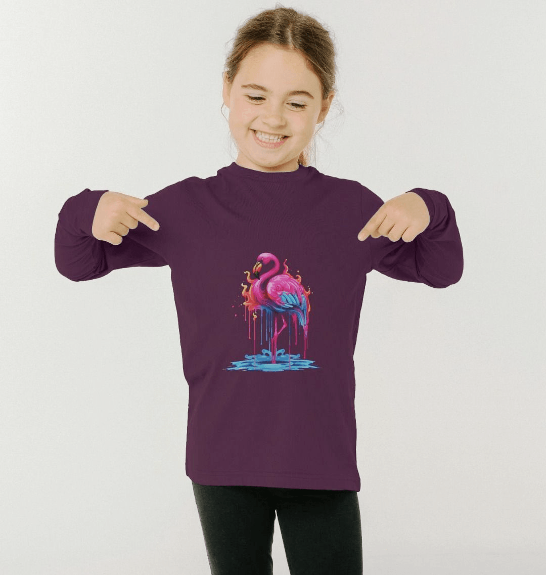 Purple long-sleeve t-shirt with flamingo graphic (person)