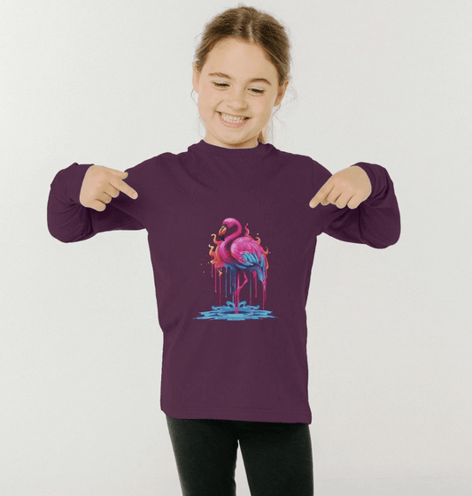 Purple long-sleeve t-shirt with flamingo graphic (person)