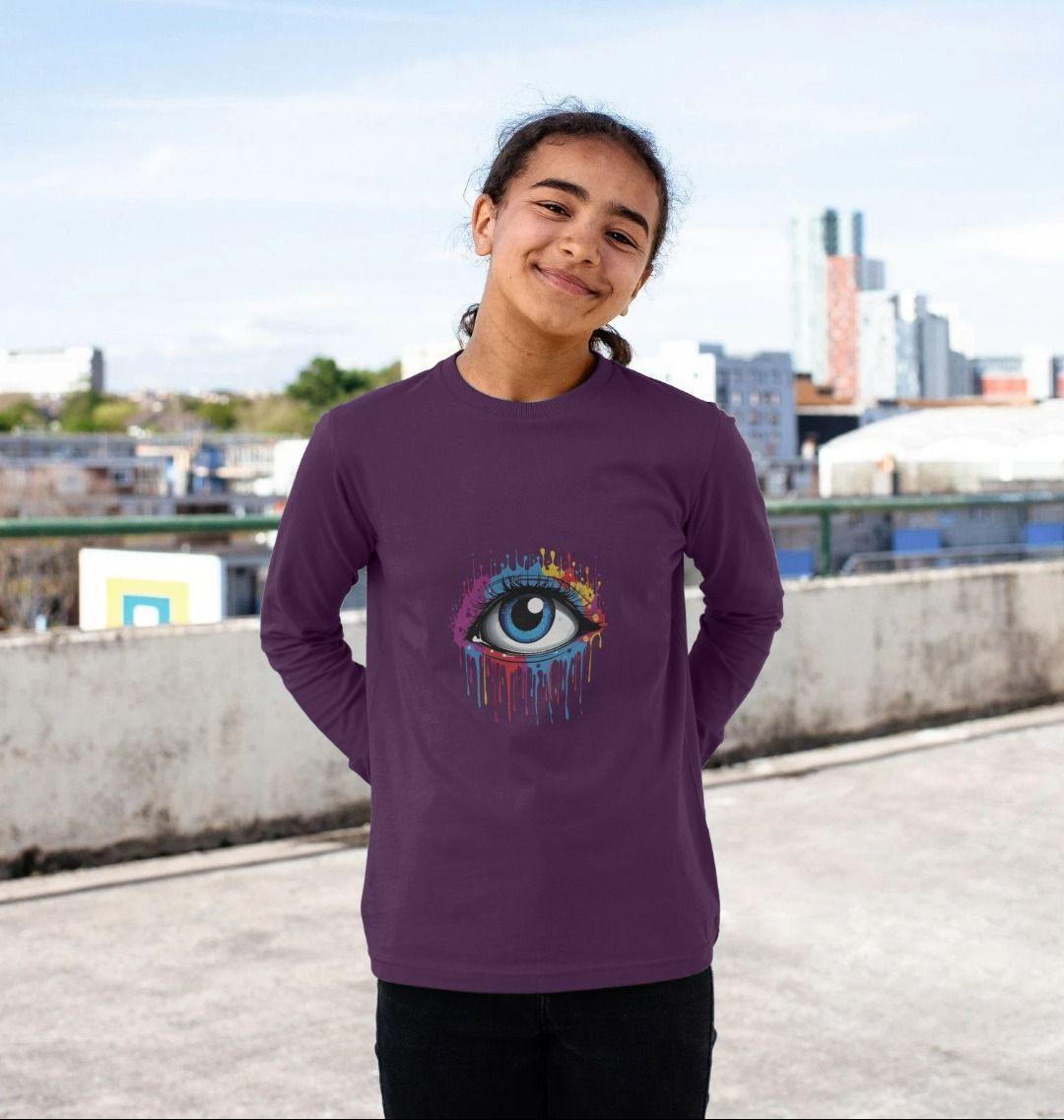 Purple long-sleeve t-shirt with colorful eye graphic (person)