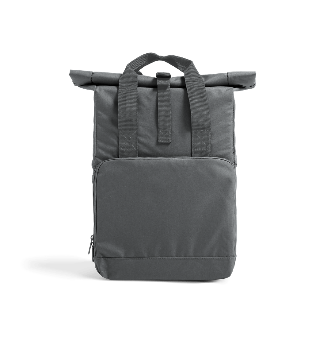Gray roll-top backpack with adjustable straps