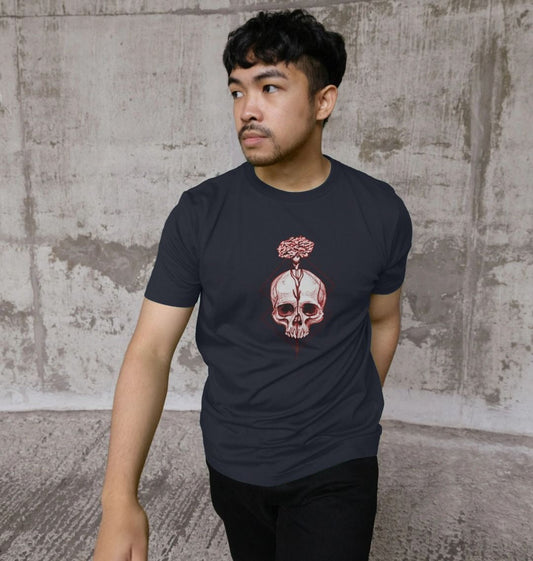 Black t-shirt with skull and flower design (person)