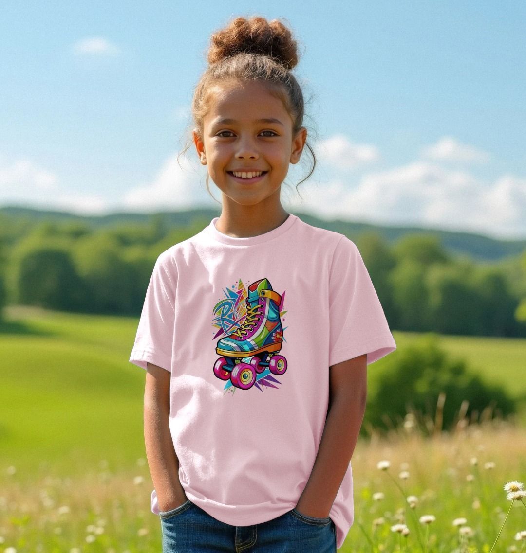 Pink t-shirt with colorful roller skate graphic (person)