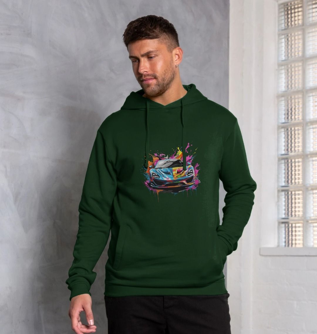 Green hoodie with colorful car graphic (person)