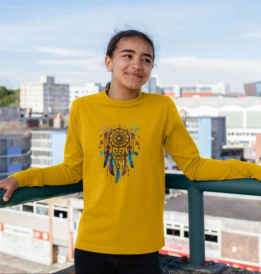 Yellow long-sleeved t-shirt with dreamcatcher design (person)