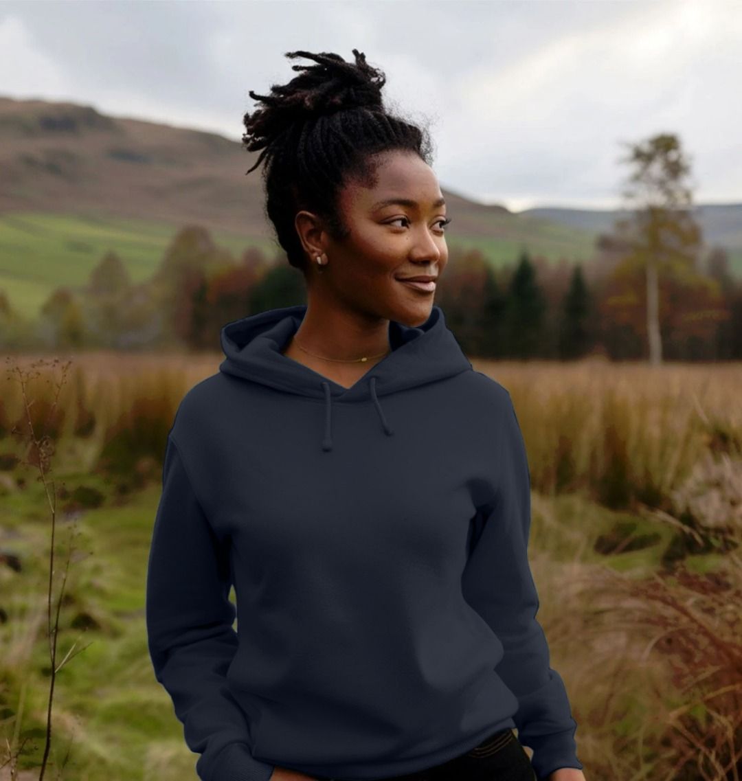 Dark blue hoodie with drawstrings (person)