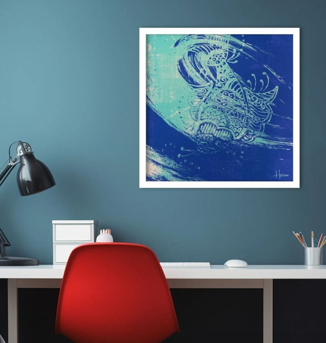 Framed abstract art print with blue and teal tones