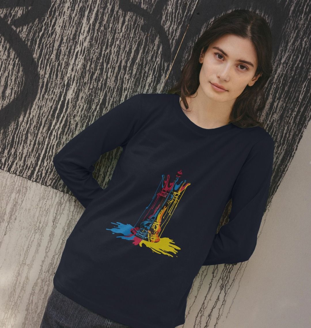 Navy long-sleeve t-shirt with colorful graphic (person)