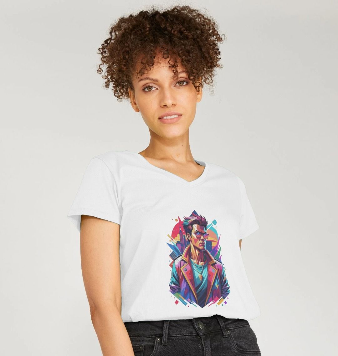 White t-shirt with colorful graphic design (person)