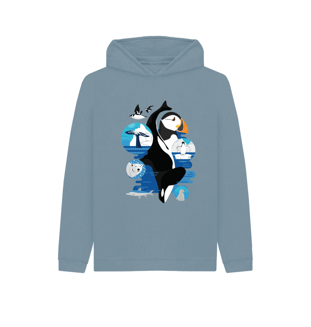 Arctic animal hoodie with puffin and polar bear