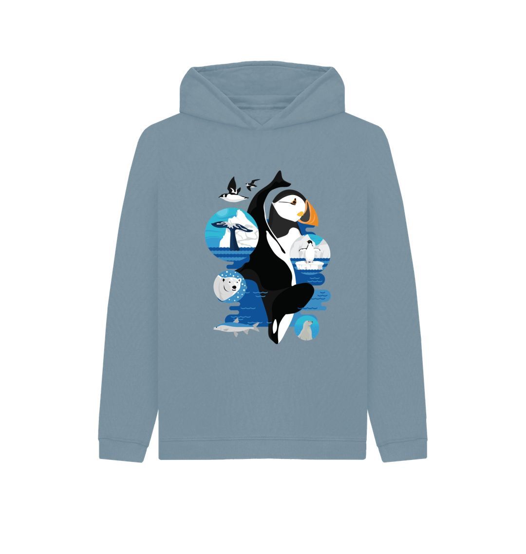 Blue hoodie with Arctic animal design