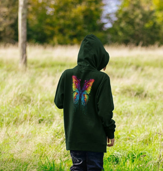 Dark green hoodie with colorful butterfly design (person)