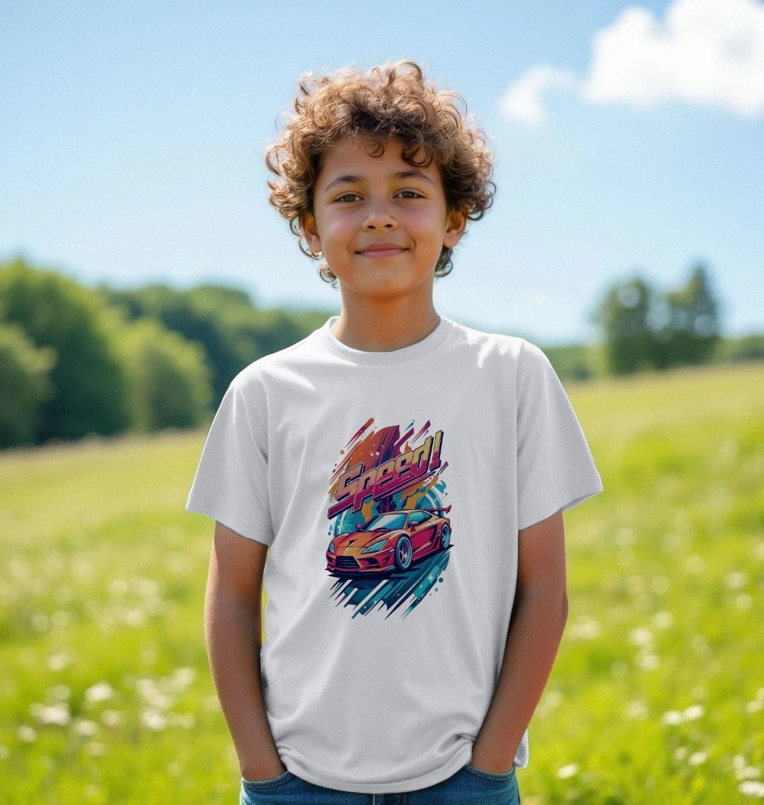 White t-shirt with "Speed!" and car graphic (person)