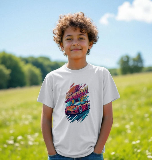 White t-shirt with "Speed!" and car graphic (person)