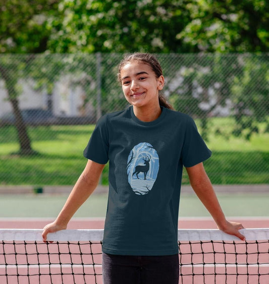 Dark green t-shirt with deer graphic (person)