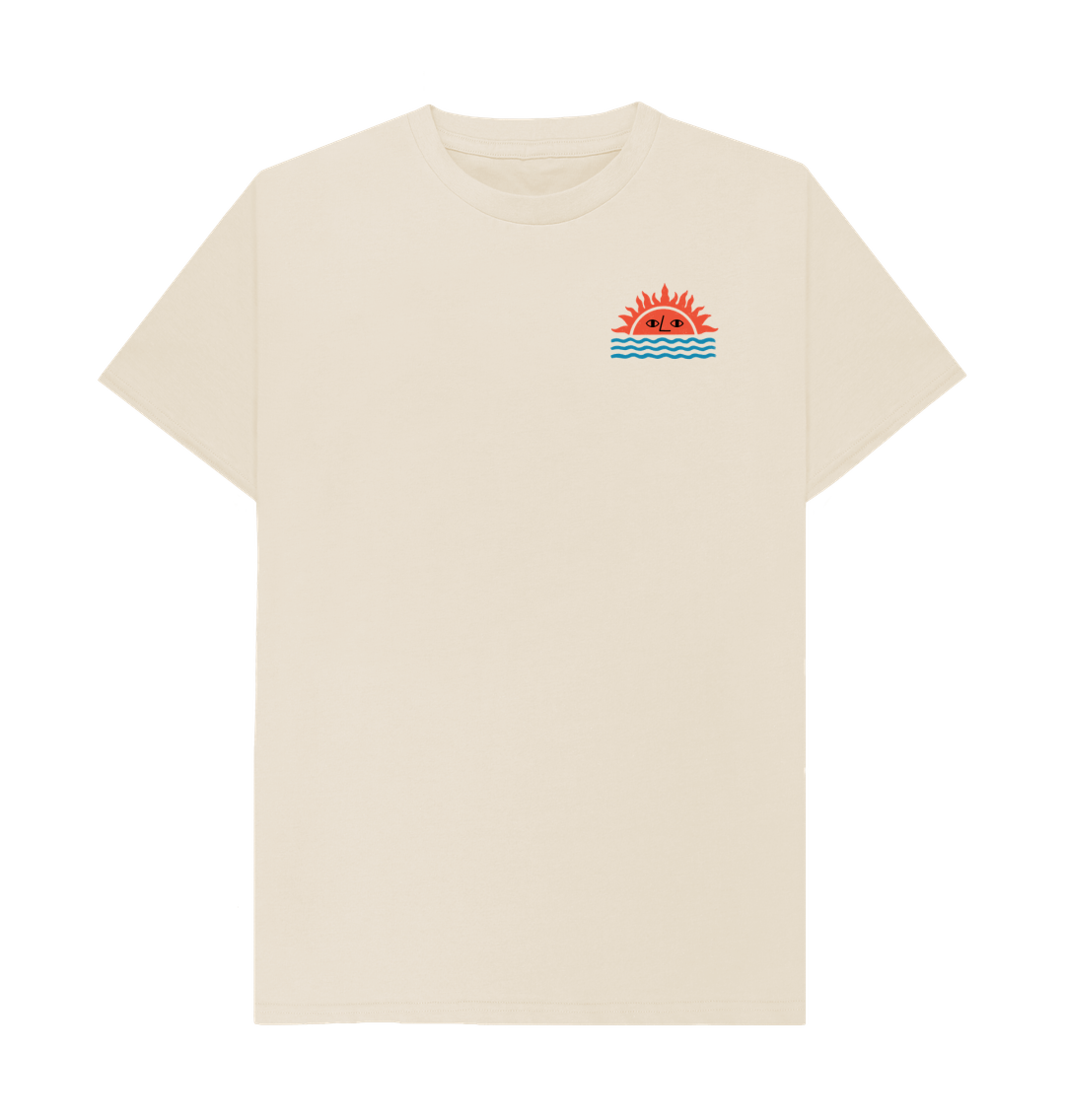 Cream-colored t-shirt with sun and waves design