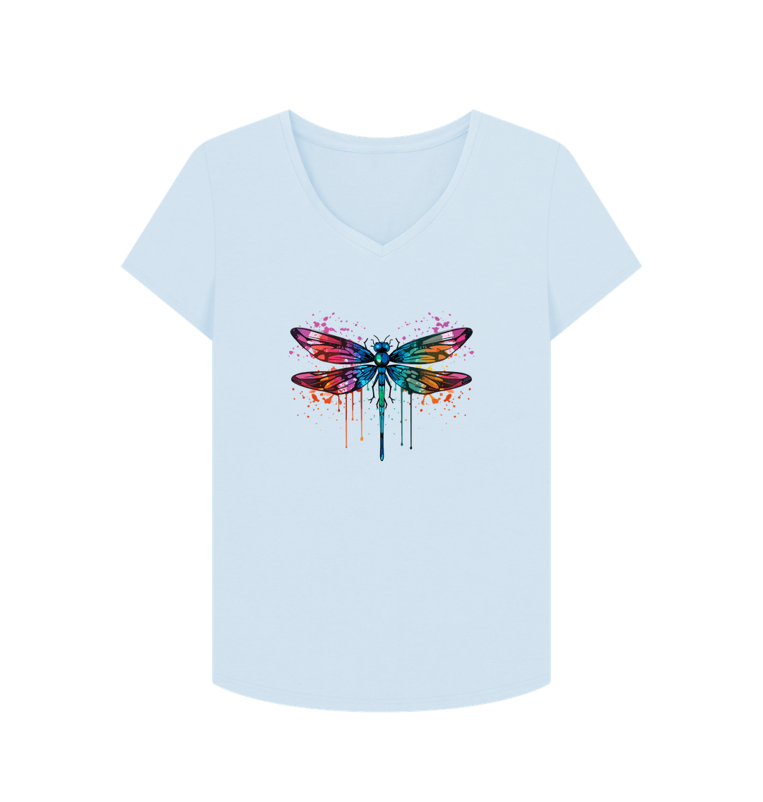 Sky Blue Colour Drip Dragonfly Wonder - Women's V-Neck T-shirt