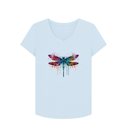 Sky Blue Colour Drip Dragonfly Wonder - Women's V-Neck T-shirt