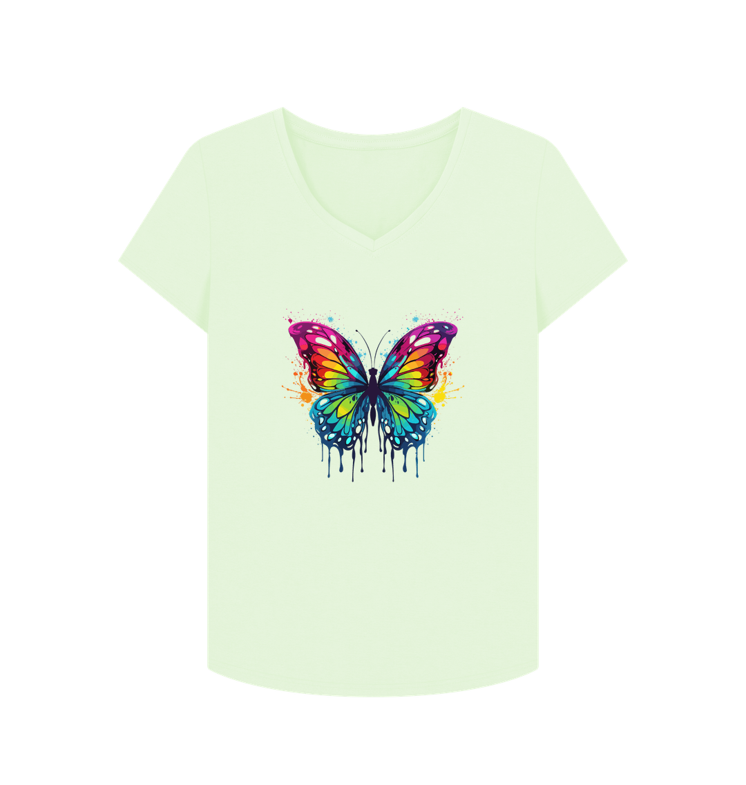 Pastel Green Colour Drip Orchard Butterfly - Women's V-Neck T-shirt