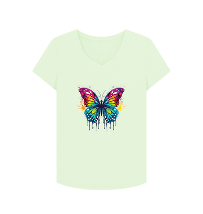 Pastel Green Colour Drip Orchard Butterfly - Women's V-Neck T-shirt