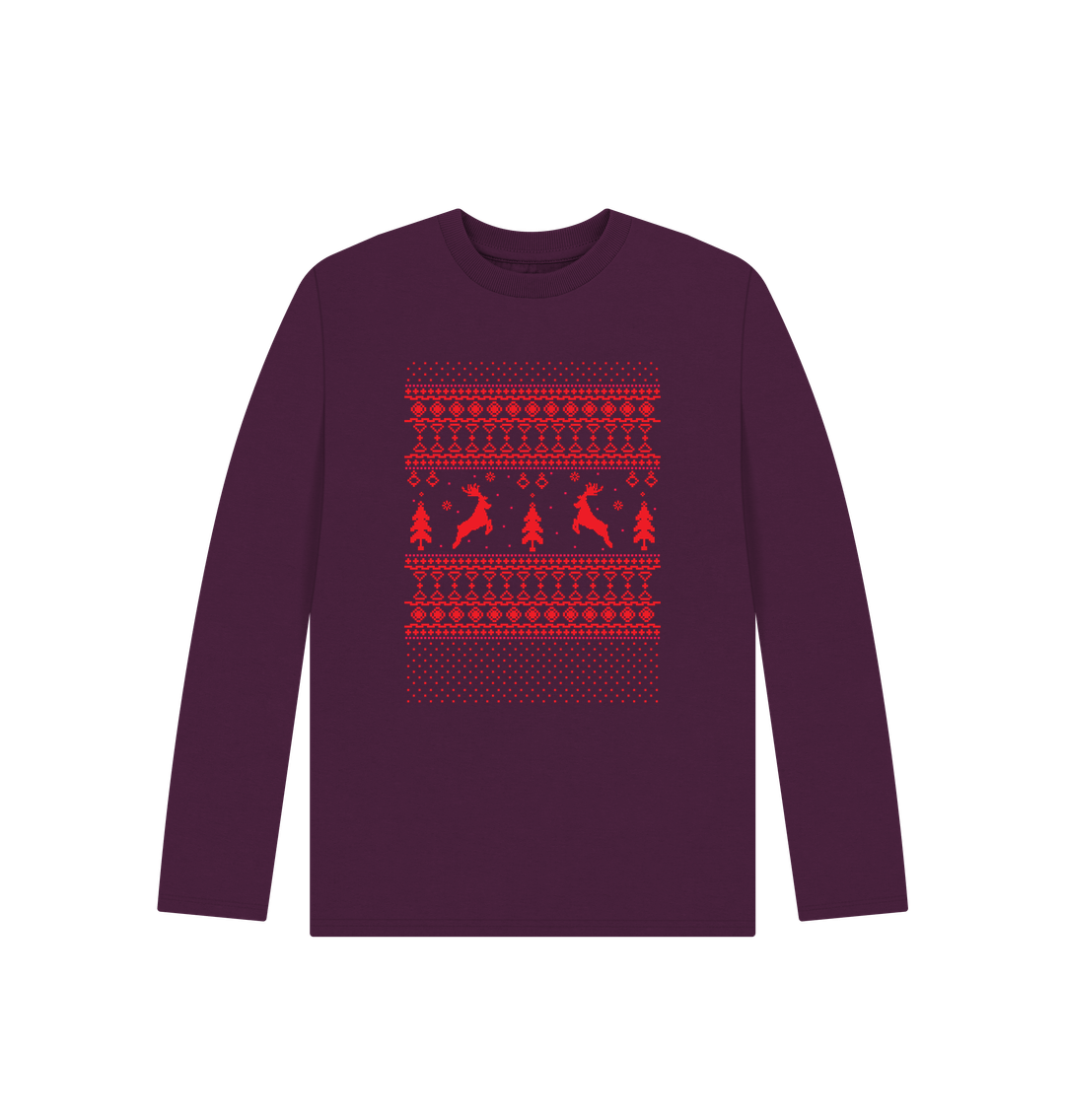 Christmas-themed long-sleeve sweater with reindeer and trees