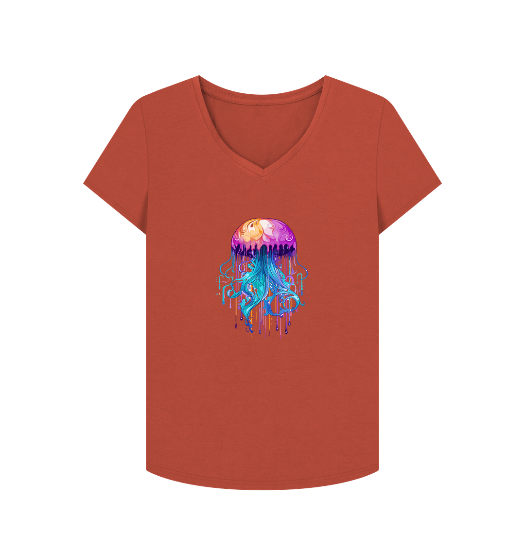 Rust Colour Drip Bright Jellyfish - Women's V-Neck T-shirt