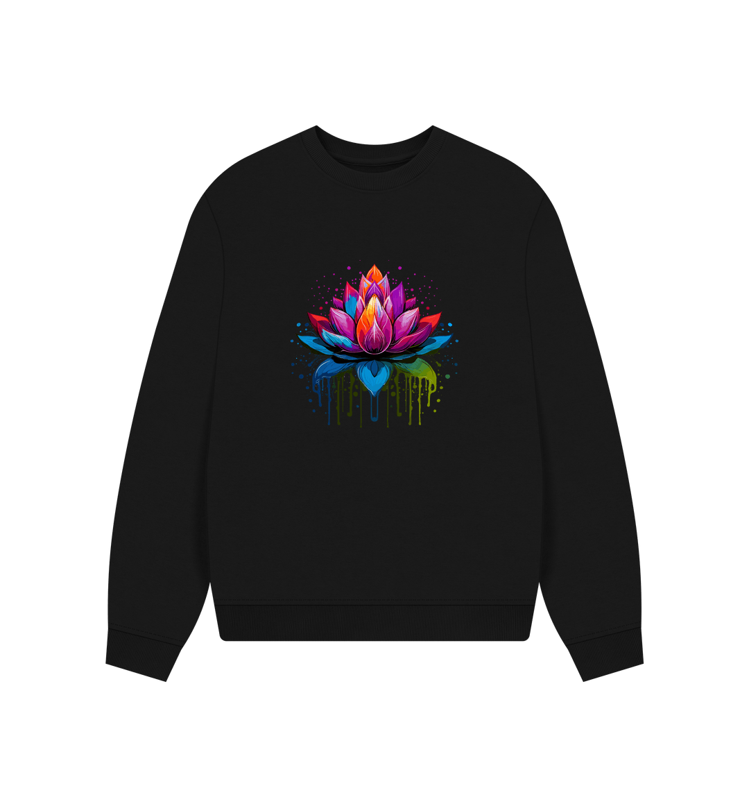 Black Colour Drip Lotus - Women's Oversized Jumper