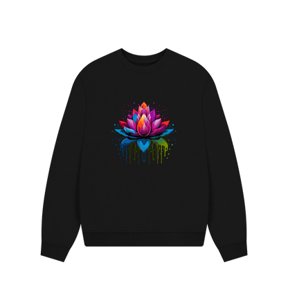 Black Colour Drip Lotus - Women's Oversized Jumper