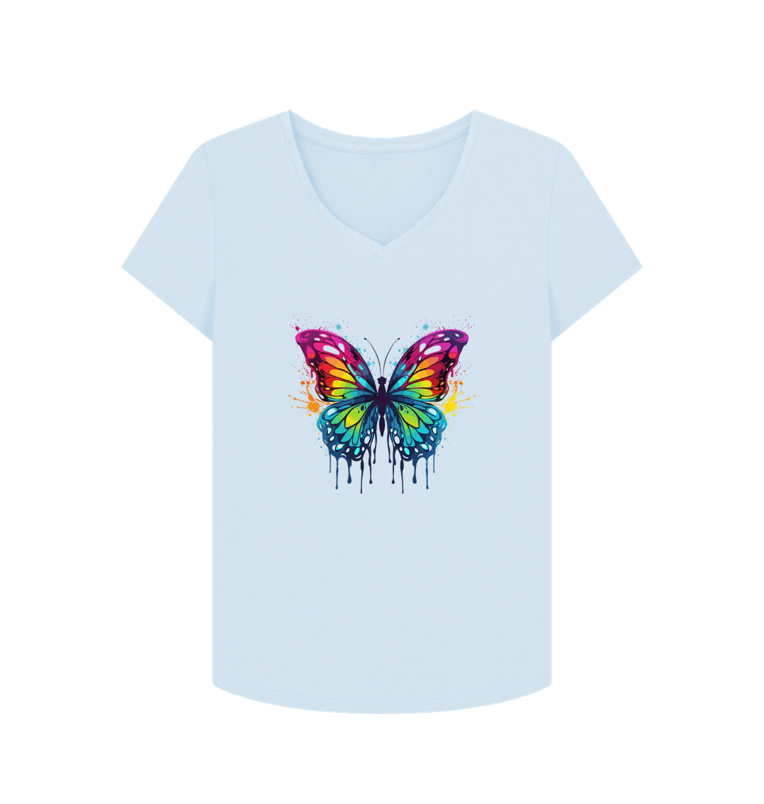 Sky Blue Colour Drip Orchard Butterfly - Women's V-Neck T-shirt