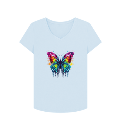 Sky Blue Colour Drip Orchard Butterfly - Women's V-Neck T-shirt