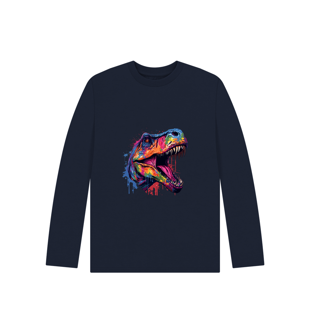 Navy Blue Colour Drip T-Rex - Kids Organic Long Sleeve T-shirt