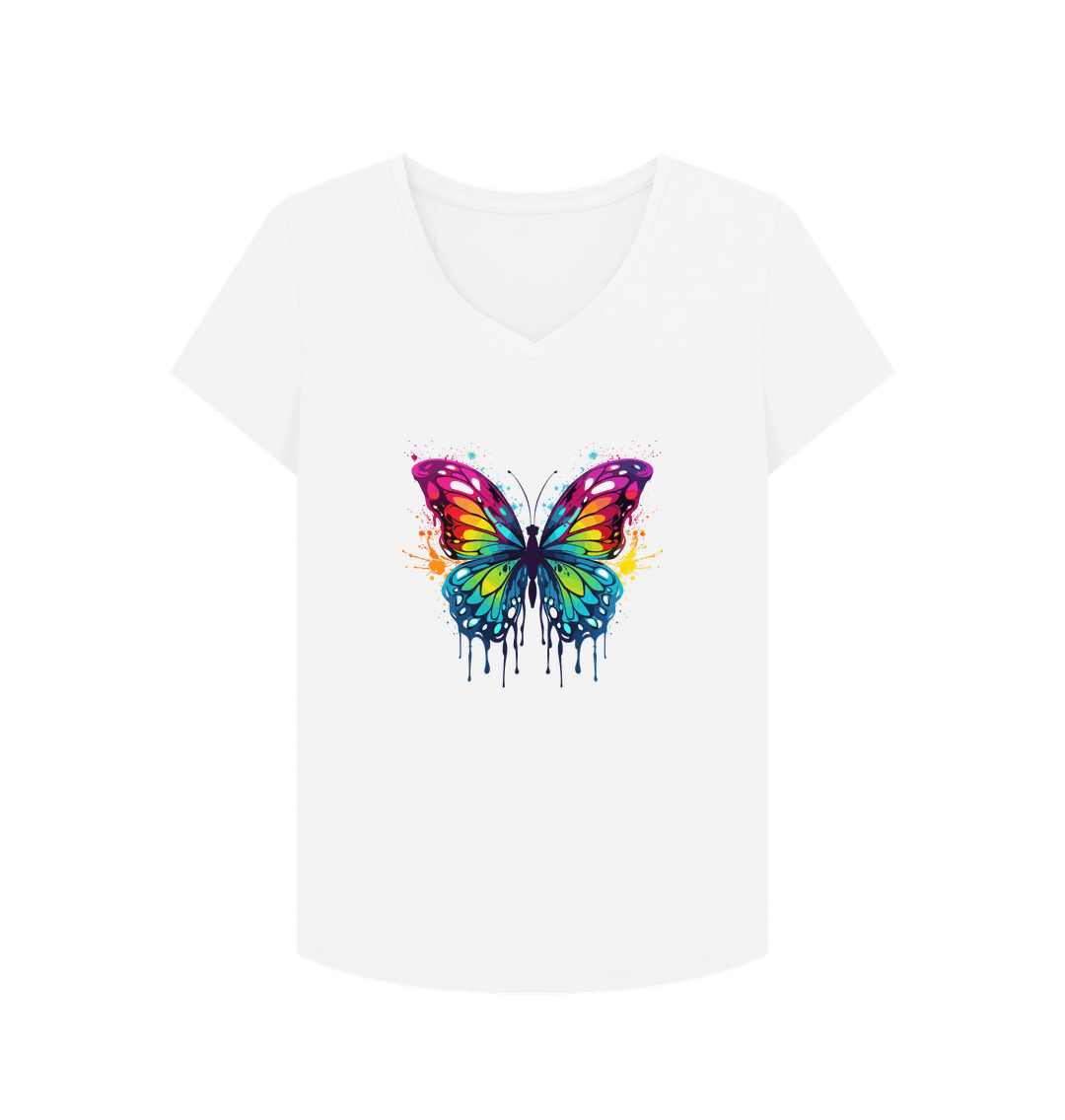 White Colour Drip Orchard Butterfly - Women's V-Neck T-shirt