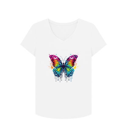 White Colour Drip Orchard Butterfly - Women's V-Neck T-shirt