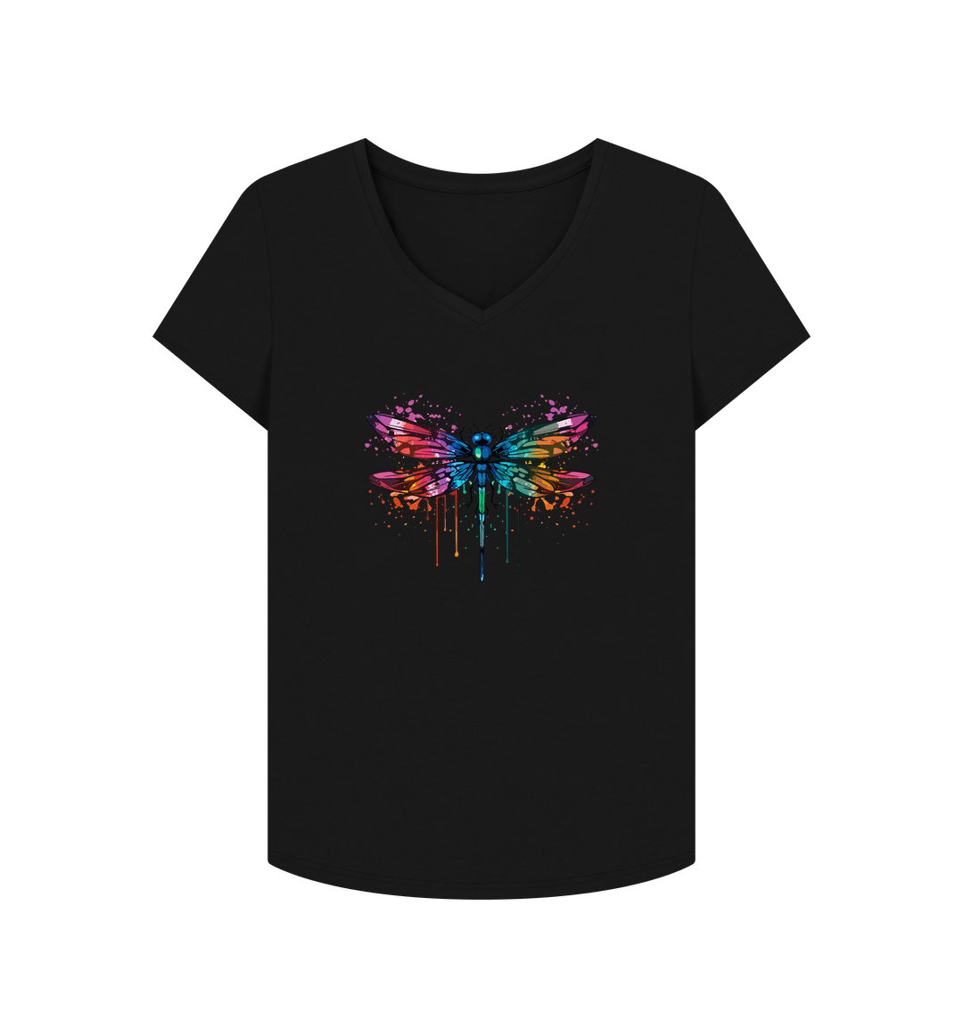 Black Colour Drip Dragonfly Wonder - Women's V-Neck T-shirt