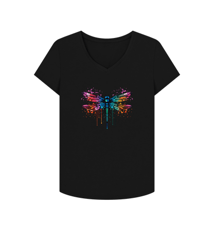 Black Colour Drip Dragonfly Wonder - Women's V-Neck T-shirt