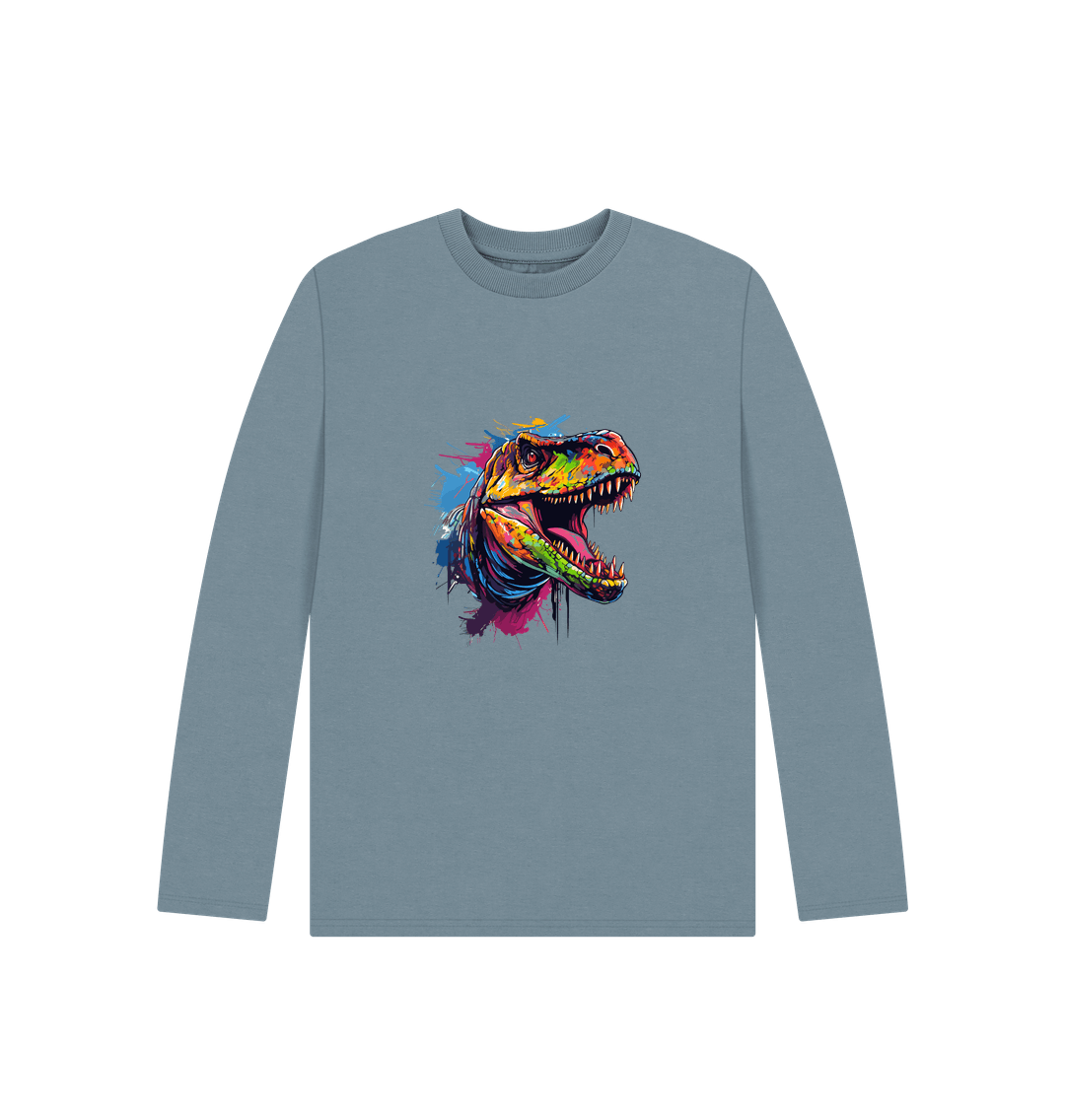 Stone Blue Colour Drip Dinosaur - Kids Organic Long Sleeve T-shirt