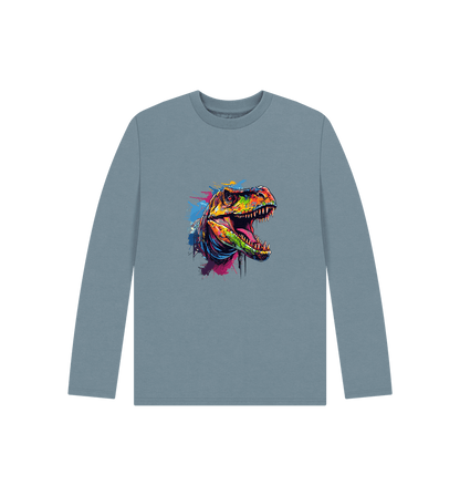 Stone Blue Colour Drip Dinosaur - Kids Organic Long Sleeve T-shirt