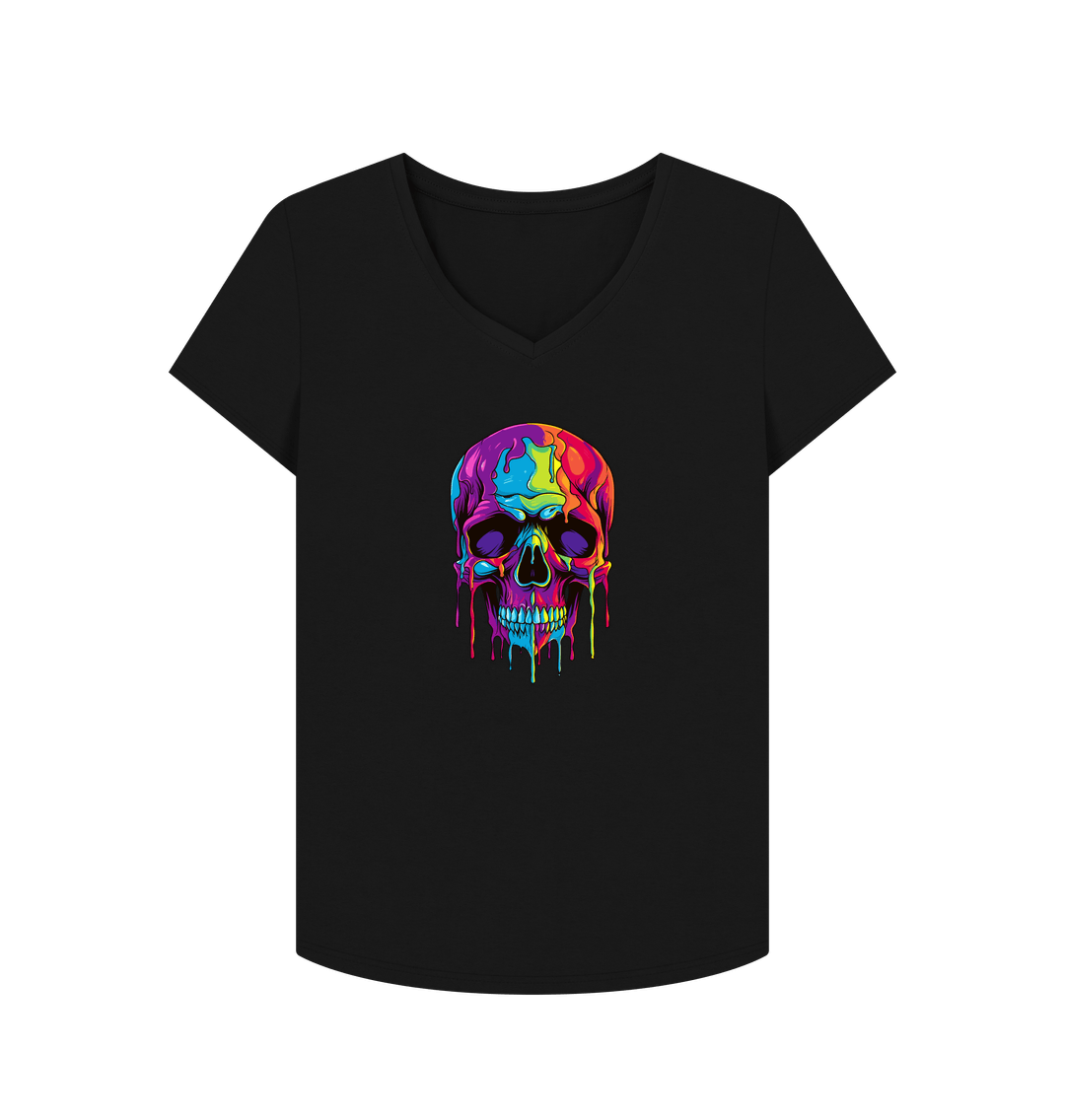 Black Colour Drip Skull - Women's V-Neck T-shirt