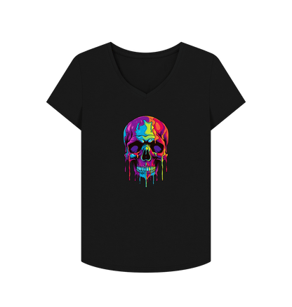 Black Colour Drip Skull - Women's V-Neck T-shirt