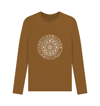 Brown long-sleeved t-shirt with zodiac wheel design