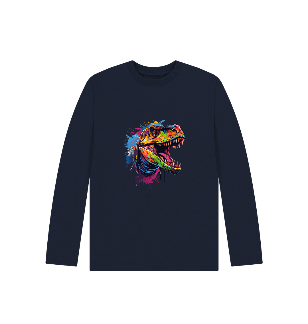 Navy Blue Colour Drip Dinosaur - Kids Organic Long Sleeve T-shirt