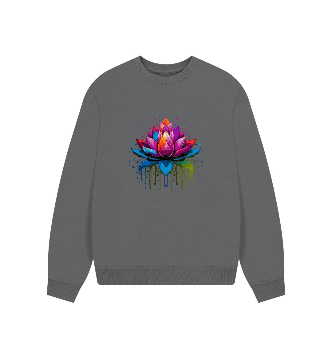 Slate Grey Colour Drip Lotus - Women's Oversized Jumper