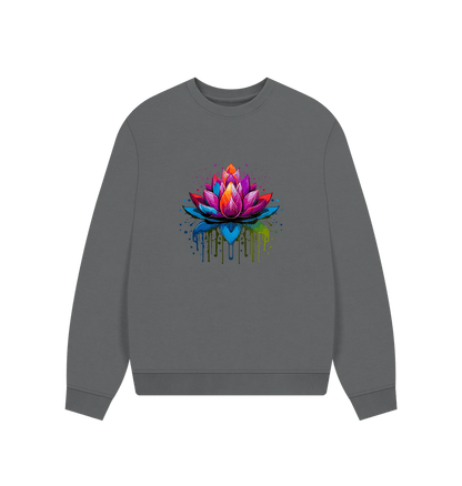 Slate Grey Colour Drip Lotus - Women's Oversized Jumper