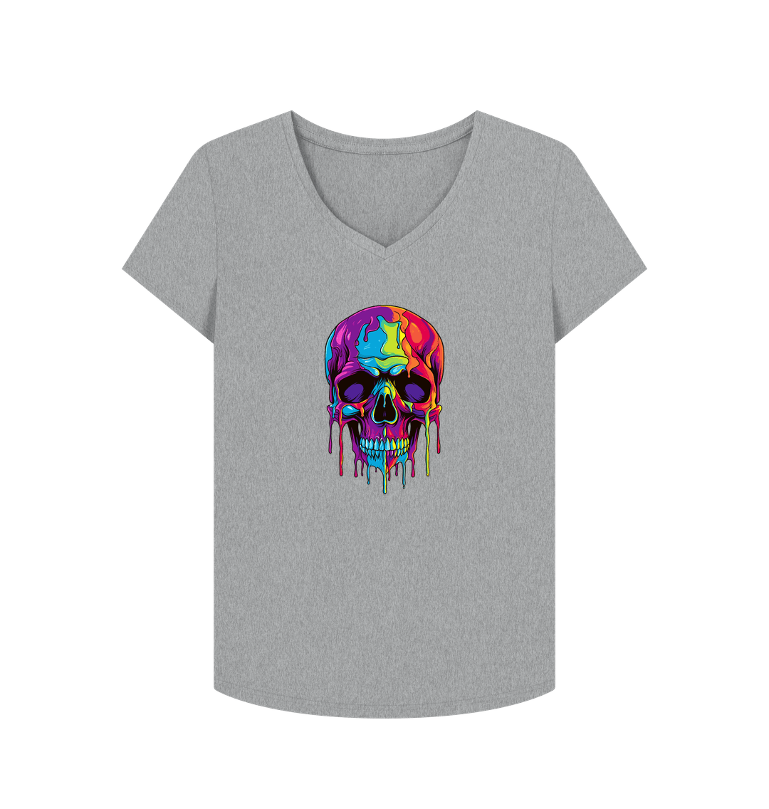 Athletic Grey Colour Drip Skull - Women's V-Neck T-shirt