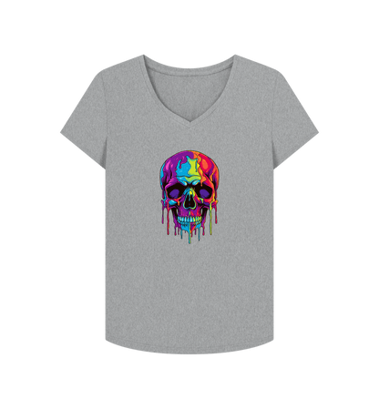 Athletic Grey Colour Drip Skull - Women's V-Neck T-shirt