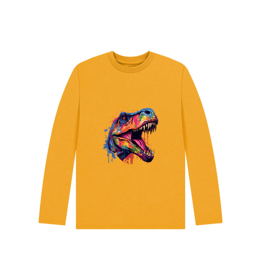 Mustard Colour Drip T-Rex - Kids Organic Long Sleeve T-shirt