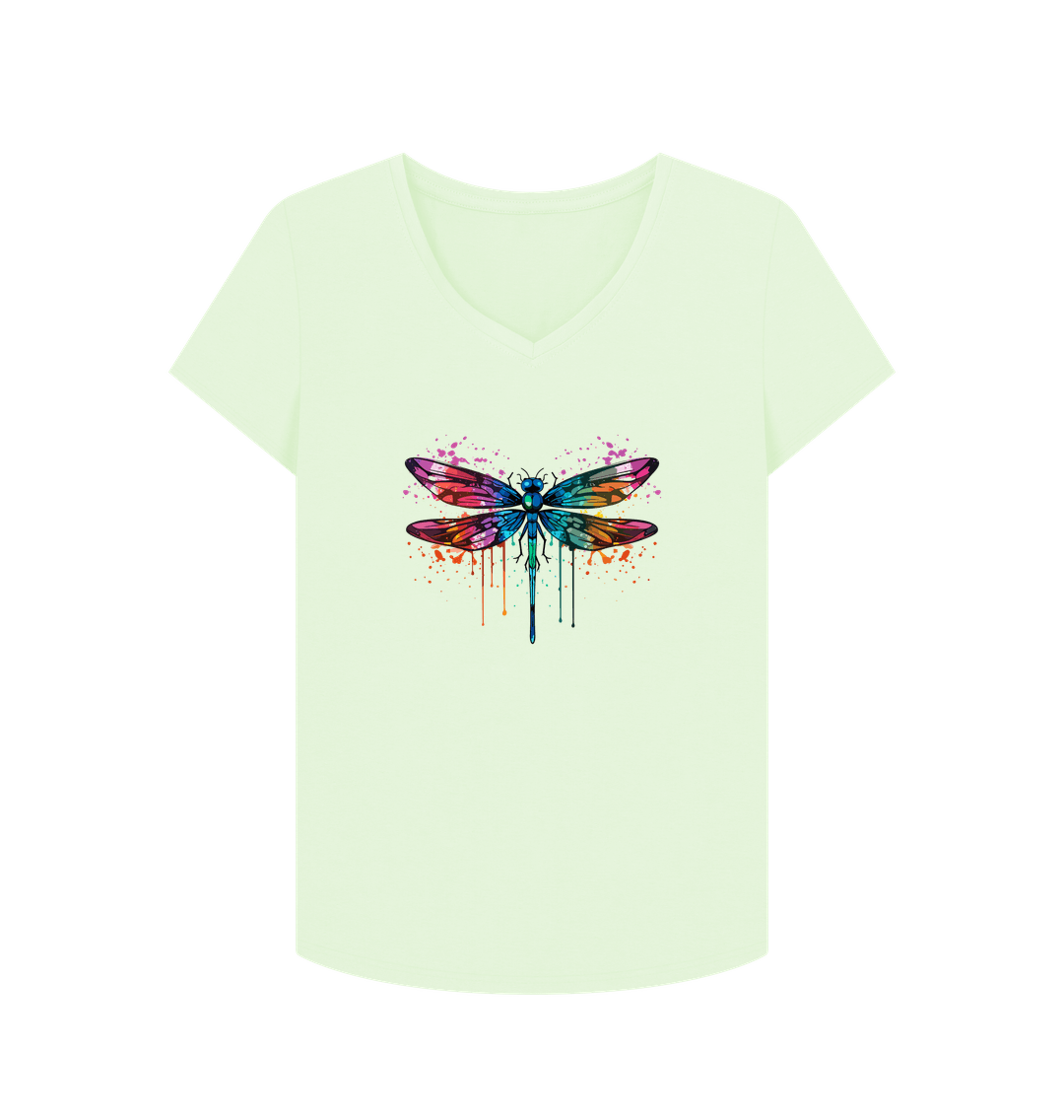 Pastel Green Colour Drip Dragonfly Wonder - Women's V-Neck T-shirt