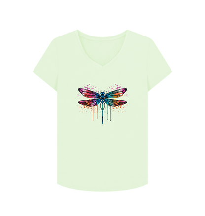 Pastel Green Colour Drip Dragonfly Wonder - Women's V-Neck T-shirt